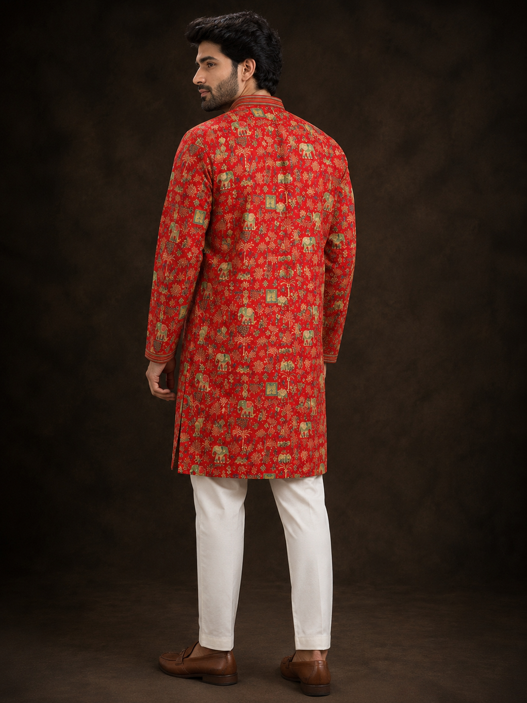 Vermilion Red Heritage Printed Kurta with Royal Elephant Motif