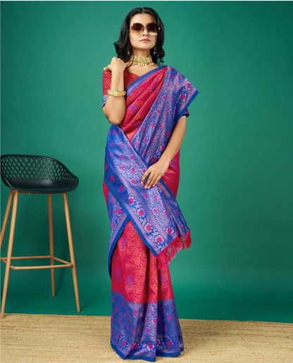 Rani Pink Zari Woven Banarasi Silk Saree