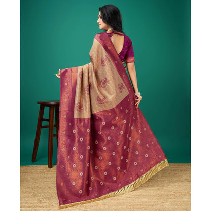 Chikoo Zari Woven Banarasi Saree with Decorative Tassels