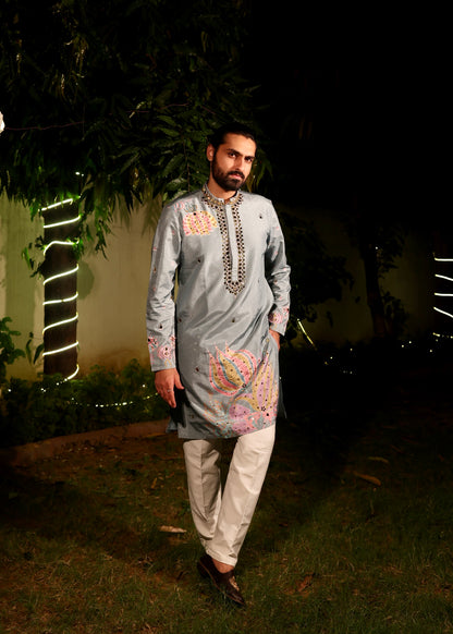 Light Blue Embroidered Silk Kurta with Mirror Work Detailing