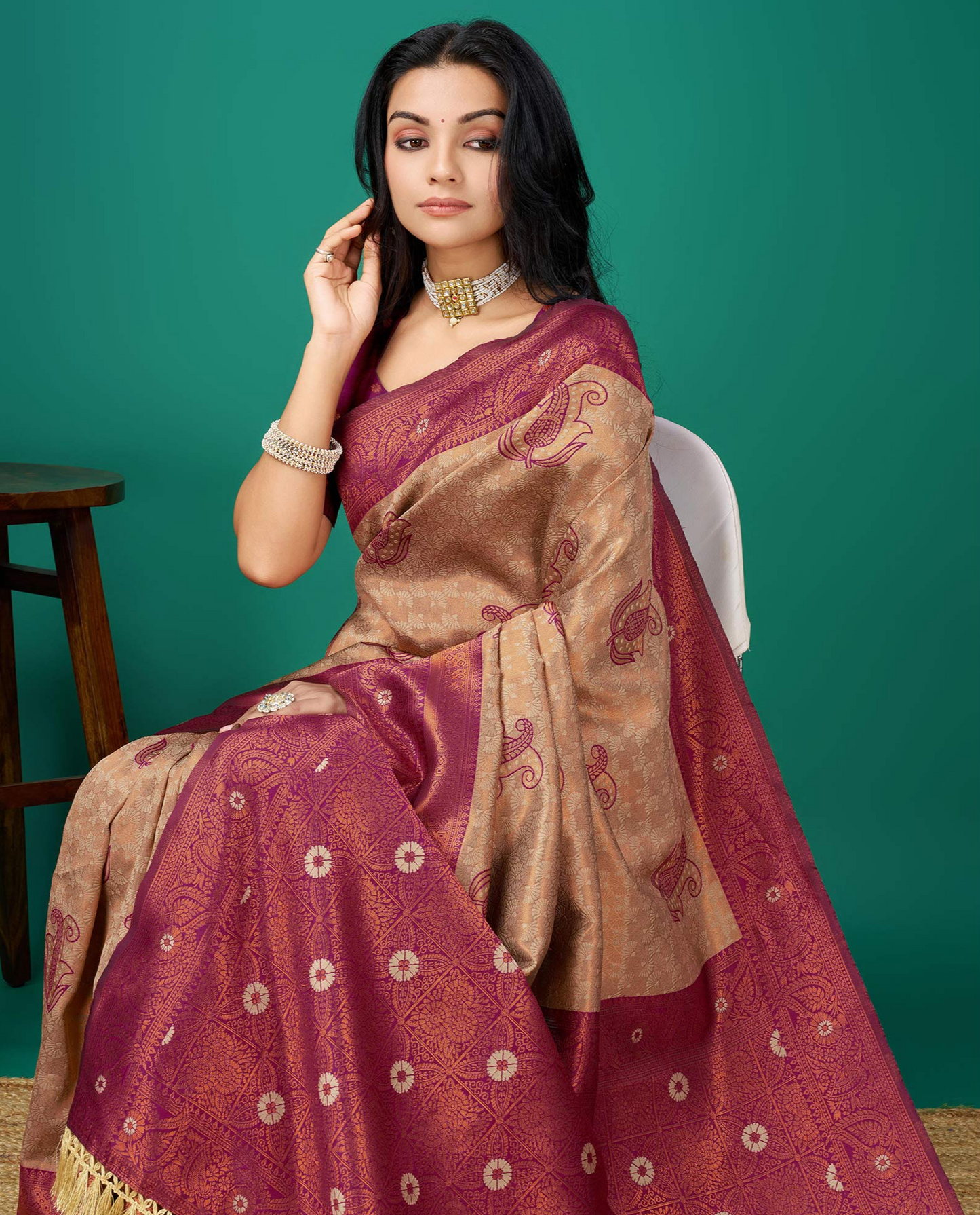 Chikoo Zari Woven Banarasi Saree with Decorative Tassels