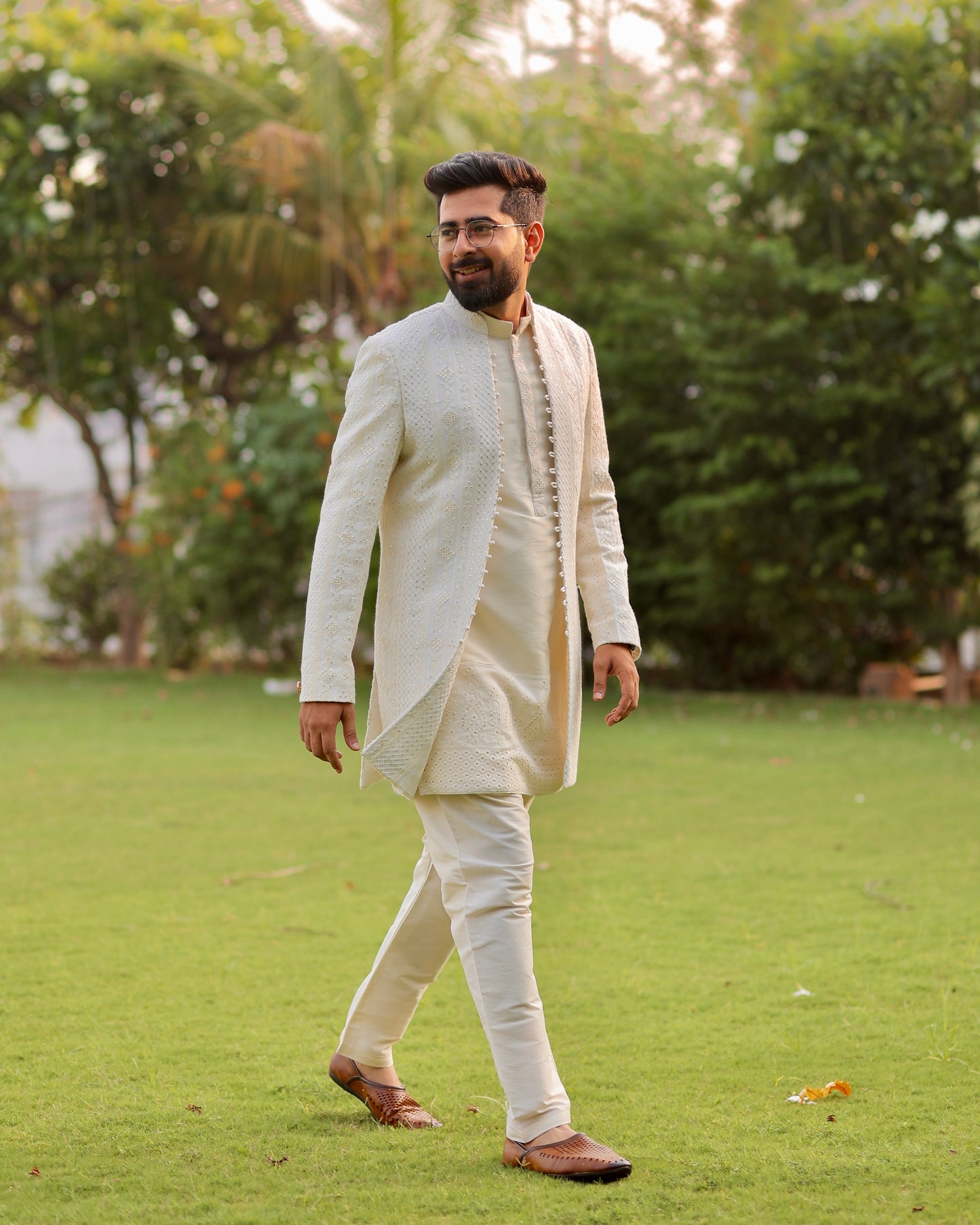Ivory Thread Embroidered Indo-Western with Kurta & Jacket