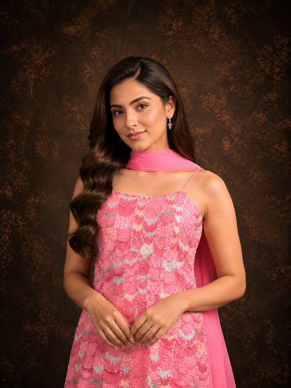 Pink Embroidered Straight Cut Kurta Sharara Set with Sequin Work and Organza Dupatta