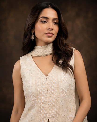 Off White Embroidered Front Open Jacket Style Palazzo Set