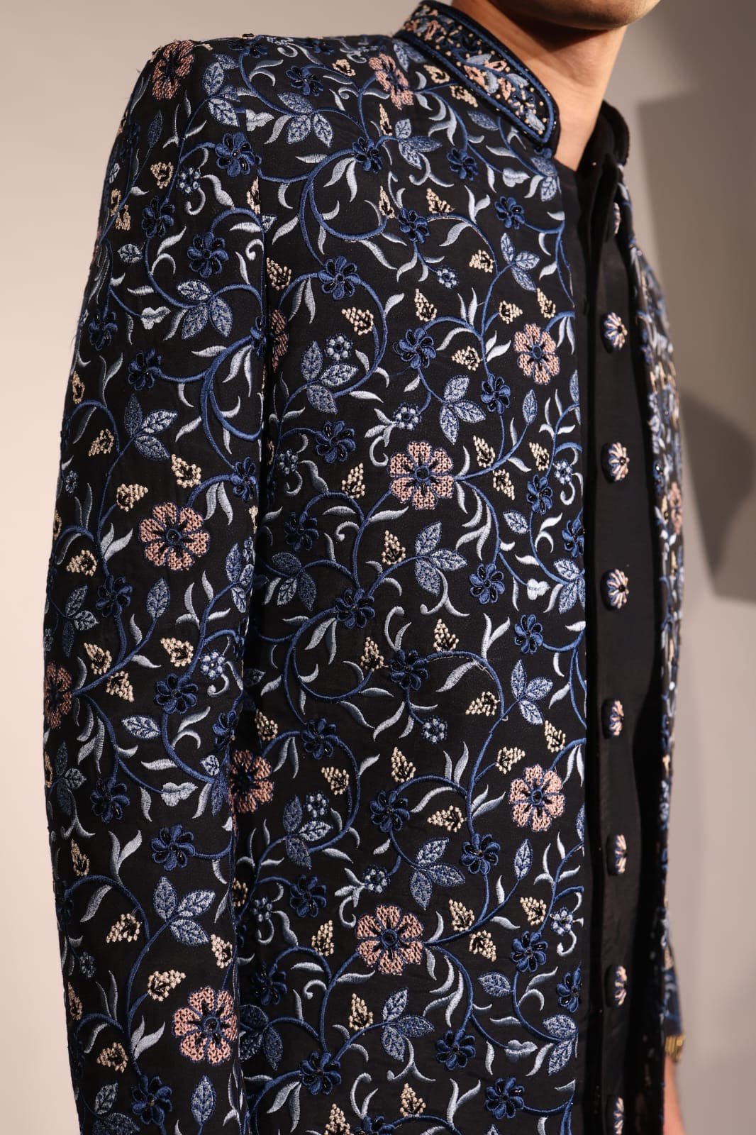 Midnight Blue Floral Embroidered Indo-Western Set