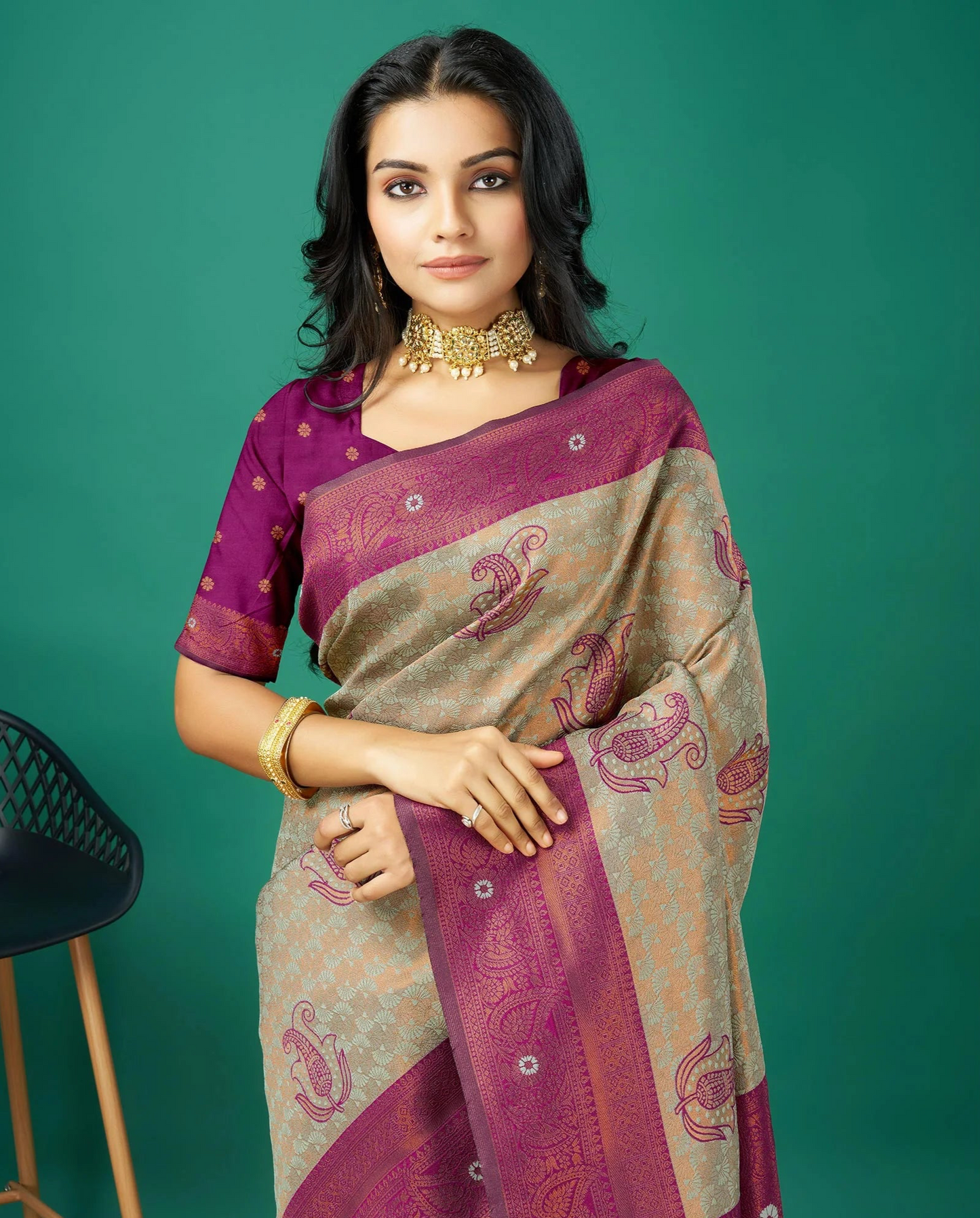 Light Copper & Grey Zari Woven Banarasi Silk Saree