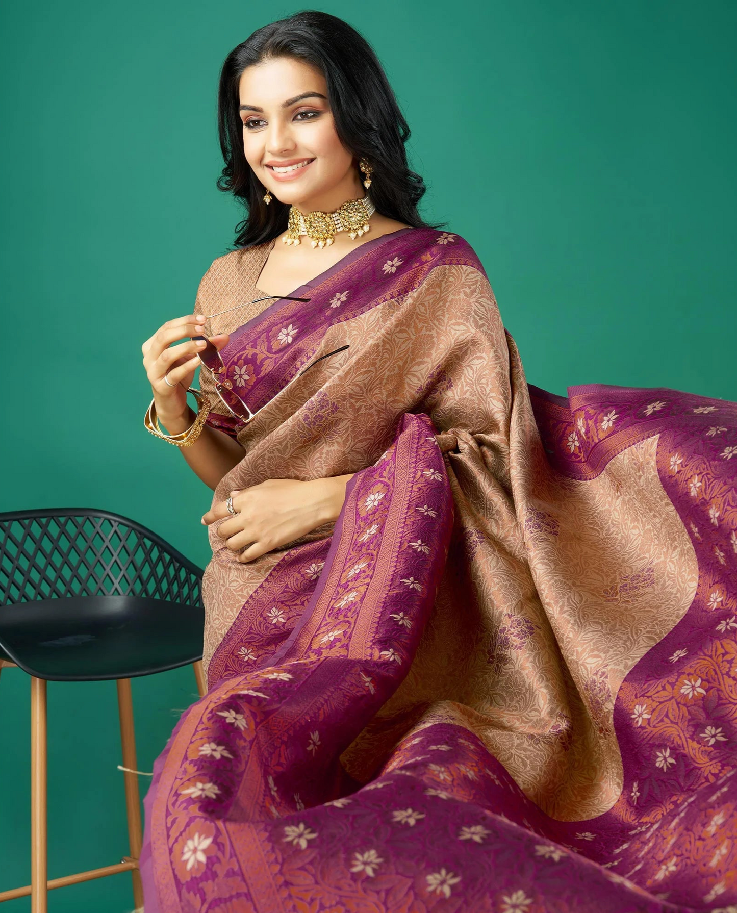 Chikoo Zari Woven Banarasi Silk Saree with Tassels