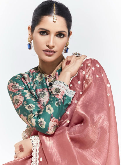 Pink Organza Saree with Multicolor Satin Silk Blouse for Party Wear