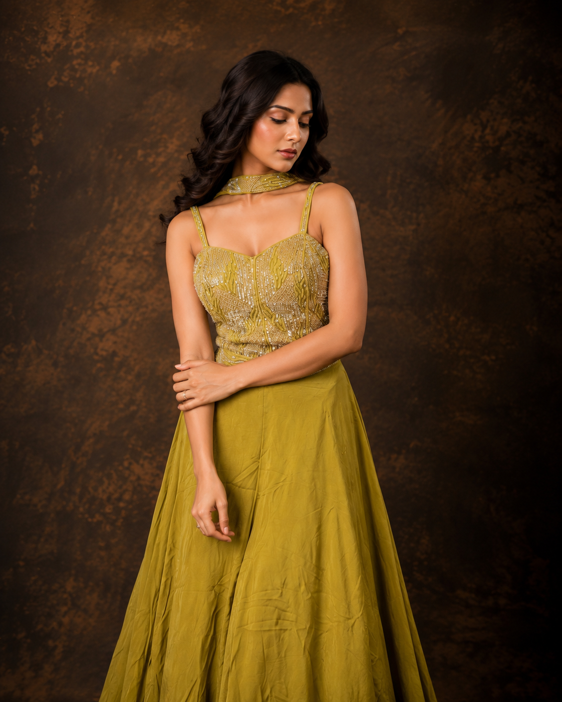 Olive Green Embroidered Corset Style Palazzo Set with Sequin and Bead Work Dupatt