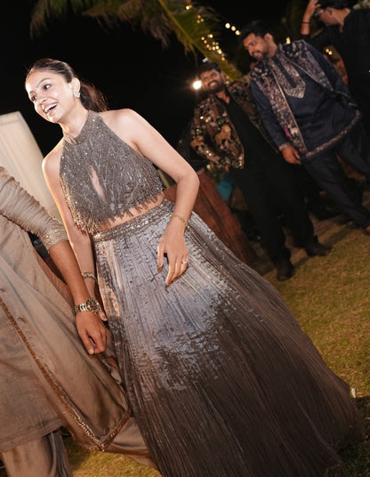 Pranali in Our Signature Smoky Grey Beaded Lehenga Set