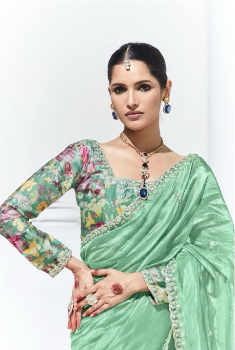 Organza Teal Traditional Wear Saree with Embroidery Work