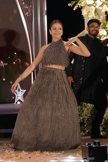 Pranali in Our Signature Smoky Grey Beaded Lehenga Set