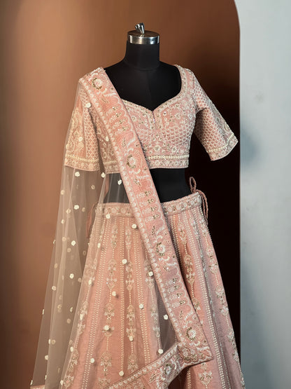 Blush Pink Heavy Embroidered Lehenga Set with Pearl & Sequin Work