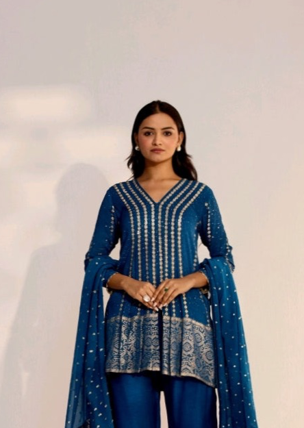 Dark Blue & Golden Work Kurti Pant Set
