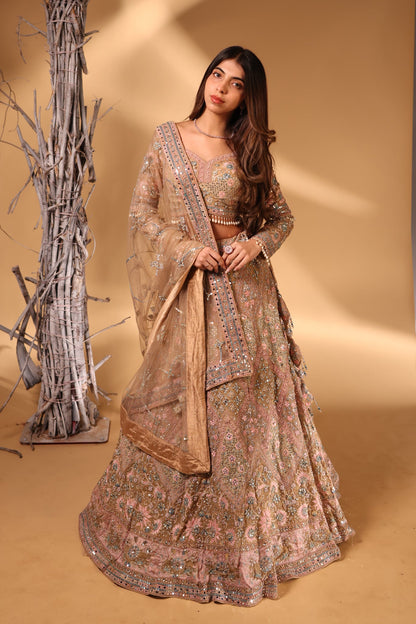 Champagne Blush Heavy Embroidered Bridal Lehenga with Sequin & Mirror Work