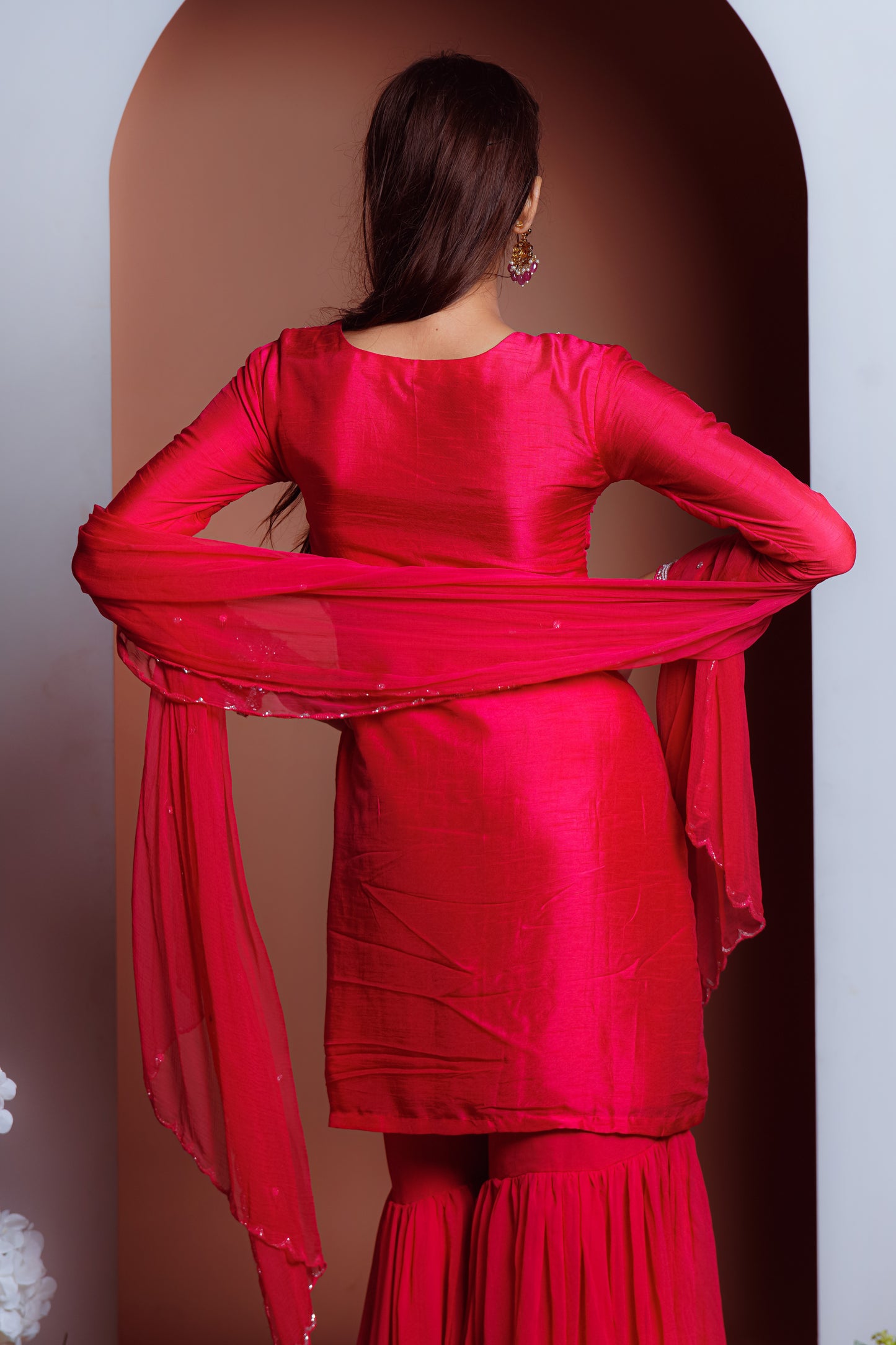 Red Heavy Zardosi Worked Sharara And Kurta With Lace Dupatta