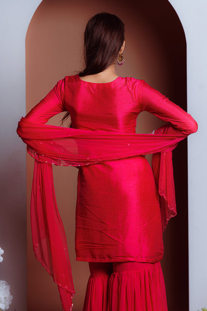 Red Heavy Zardosi Worked Sharara And Kurta With Lace Dupatta