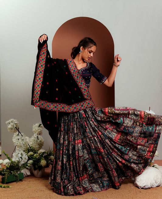 Navy Blue Chaniya Choli With Printed Lehenga