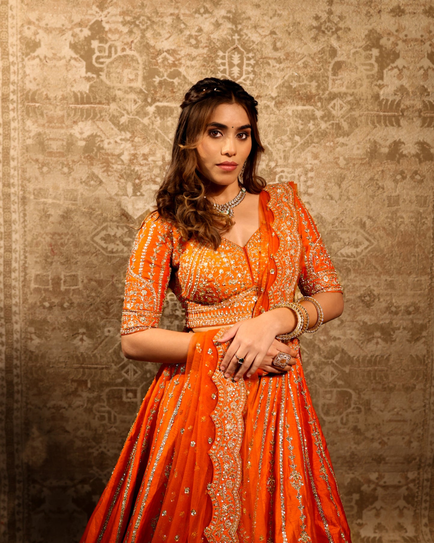A Silent Promise – Orange Gold Embroidered Bridal Lehenga