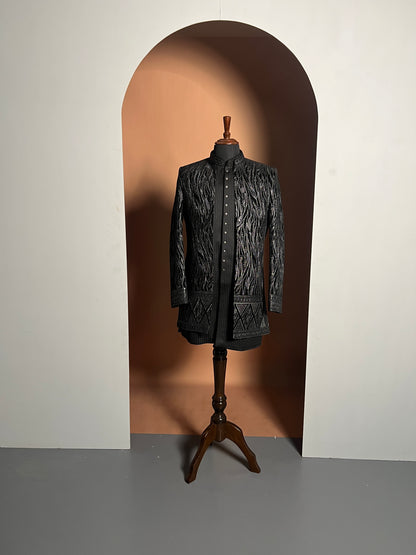 All Black Textured Indo-Western with Intricate Thread Detailing