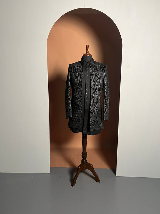 All Black Textured Indo-Western with Intricate Thread Detailing