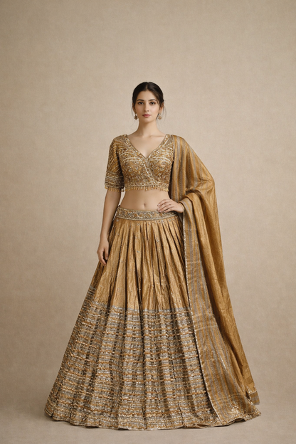 Antique Gold Embroidered Lehenga Choli