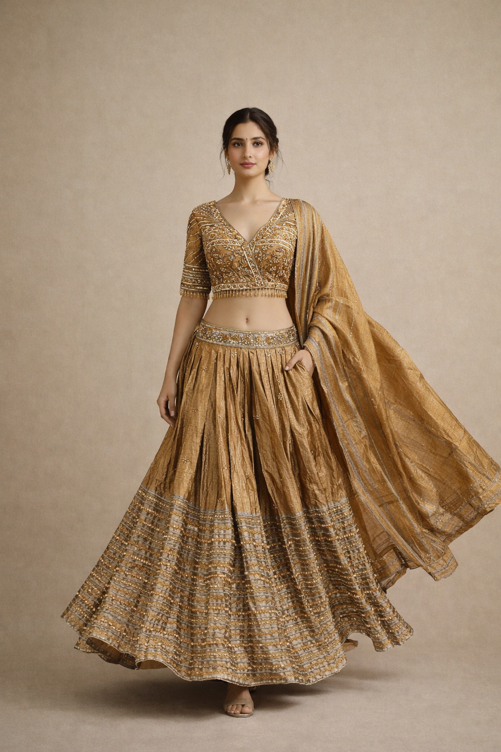 Antique Gold Embroidered Lehenga Choli