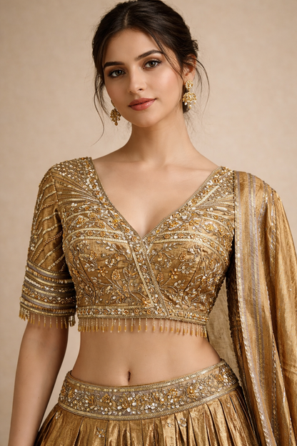 Antique Gold Embroidered Lehenga Choli