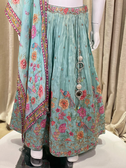 Aqua Blue Floral Embroidered Lehenga Set for Girls