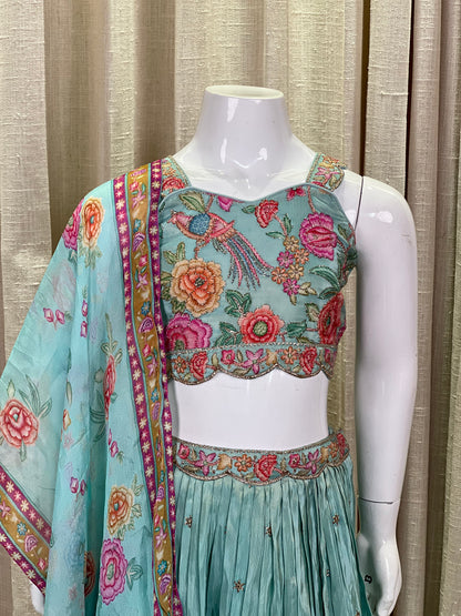 Aqua Blue Floral Embroidered Lehenga Set for Girls