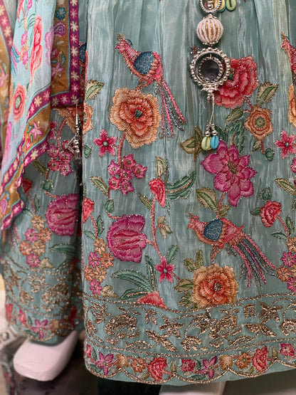 Aqua Blue Floral Embroidered Lehenga Set for Girls