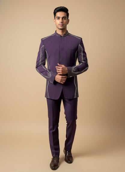 Deep Wine Indo Western Suit with Diamond Studded Detailing