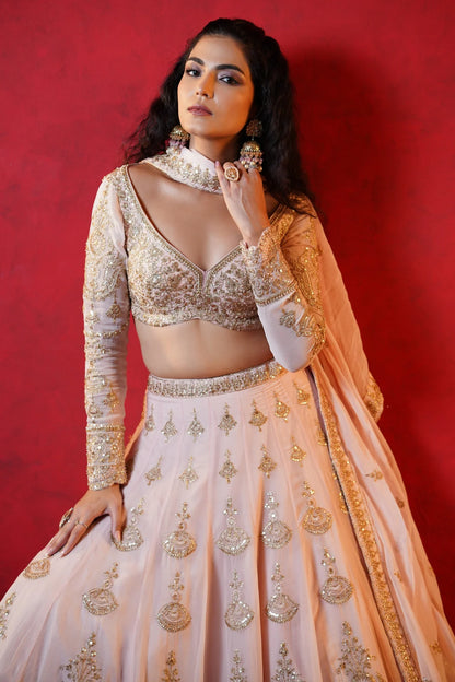 Baby Pink Crepe Lehenga with Intricate Zardosi Embroidery