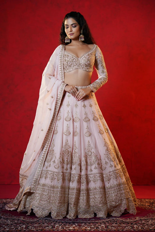 Baby Pink Crepe Lehenga with Intricate Zardosi Embroidery