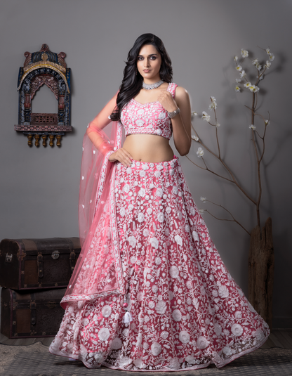 Baby Pink Embroidered Net Lehenga Choli