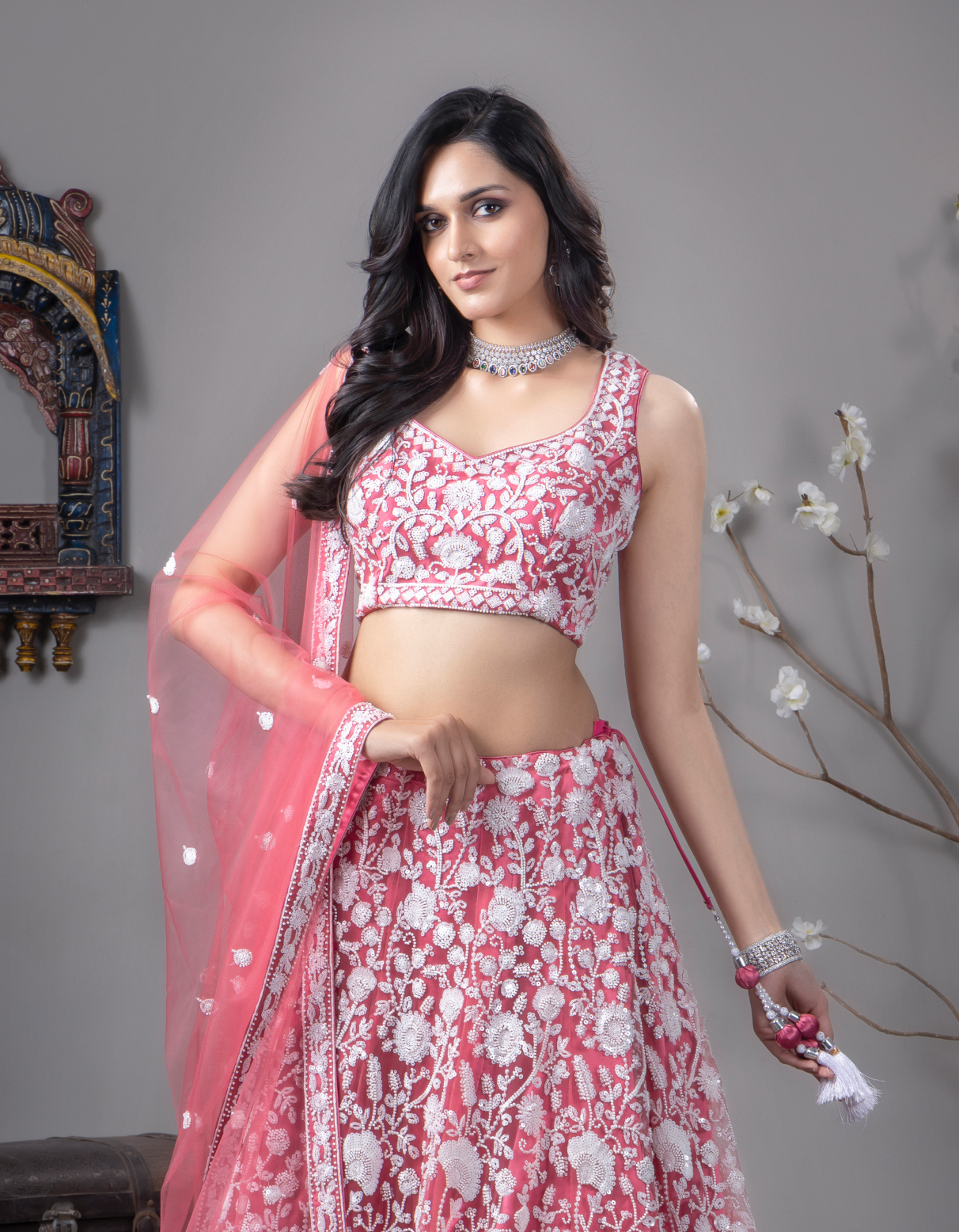 Baby Pink Embroidered Net Lehenga Choli