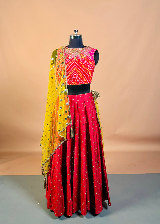 Bandhani Red & Yellow Mirror Work Lehenga Set
