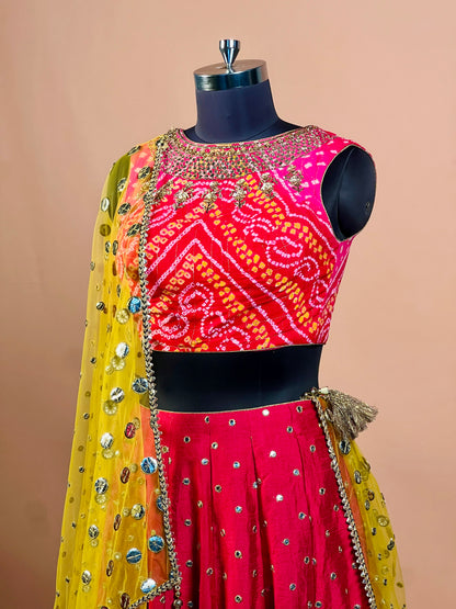 Bandhani Red & Yellow Mirror Work Lehenga Set