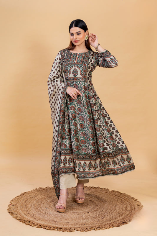 Beautiful Beige Printed Cotton Silk Kurti Set