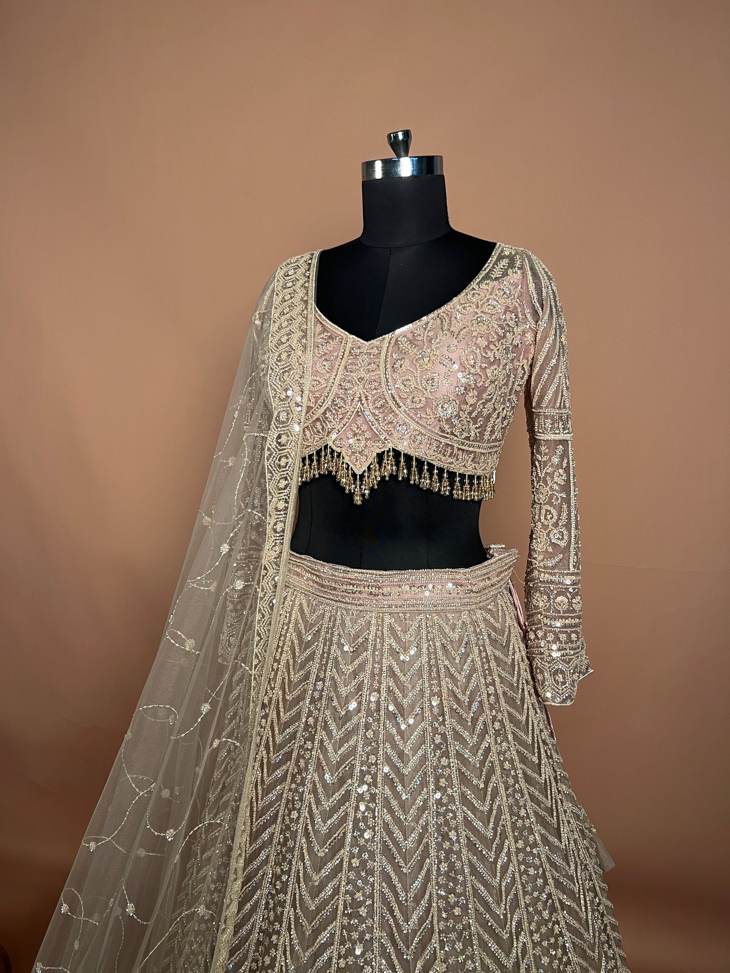 Beige Designer Lehenga with Heavy Sequin & Tassel Embroidery