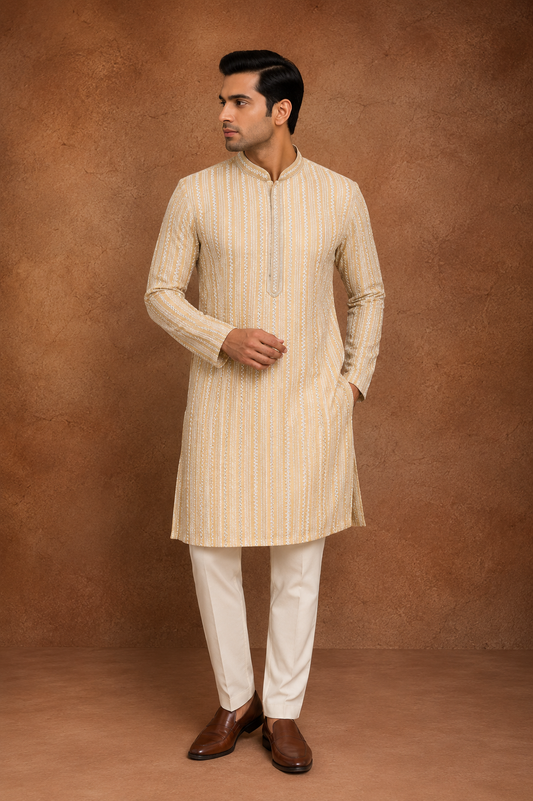 Beige Embroidered Striped Kurta for Men with Thread Work and Mandarin Collar