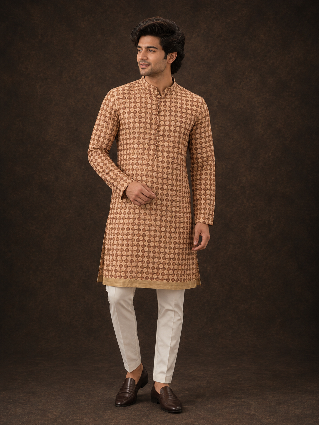 Beige Geometric Printed Kurta for Men with Contemporary Diamond Pattern and Mandarin Collar