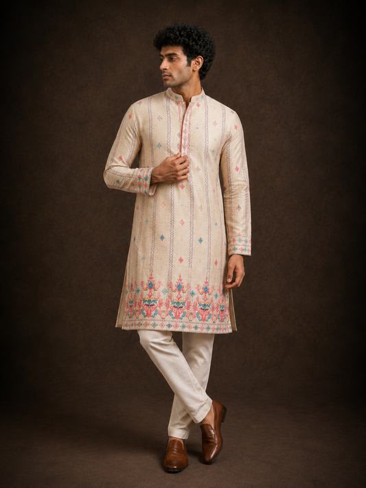 Beige Heritage Printed Kurta with Multicolor Ethnic Border Design
