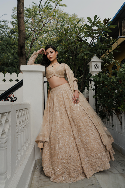 Beige Net Lehenga Choli with Stone and Pearl Embroidery