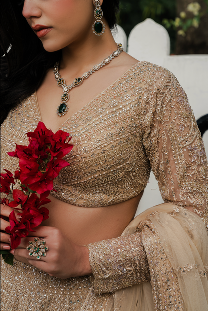 Beige Net Lehenga Choli with Stone and Pearl Embroidery