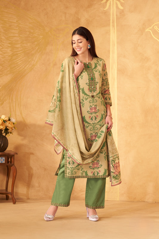 Beige & Olive Green Floral Printed Kurta Set with Dupatta