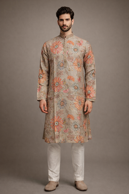 Beige and Multicolor Floral Embroidered Silk Kurta Set