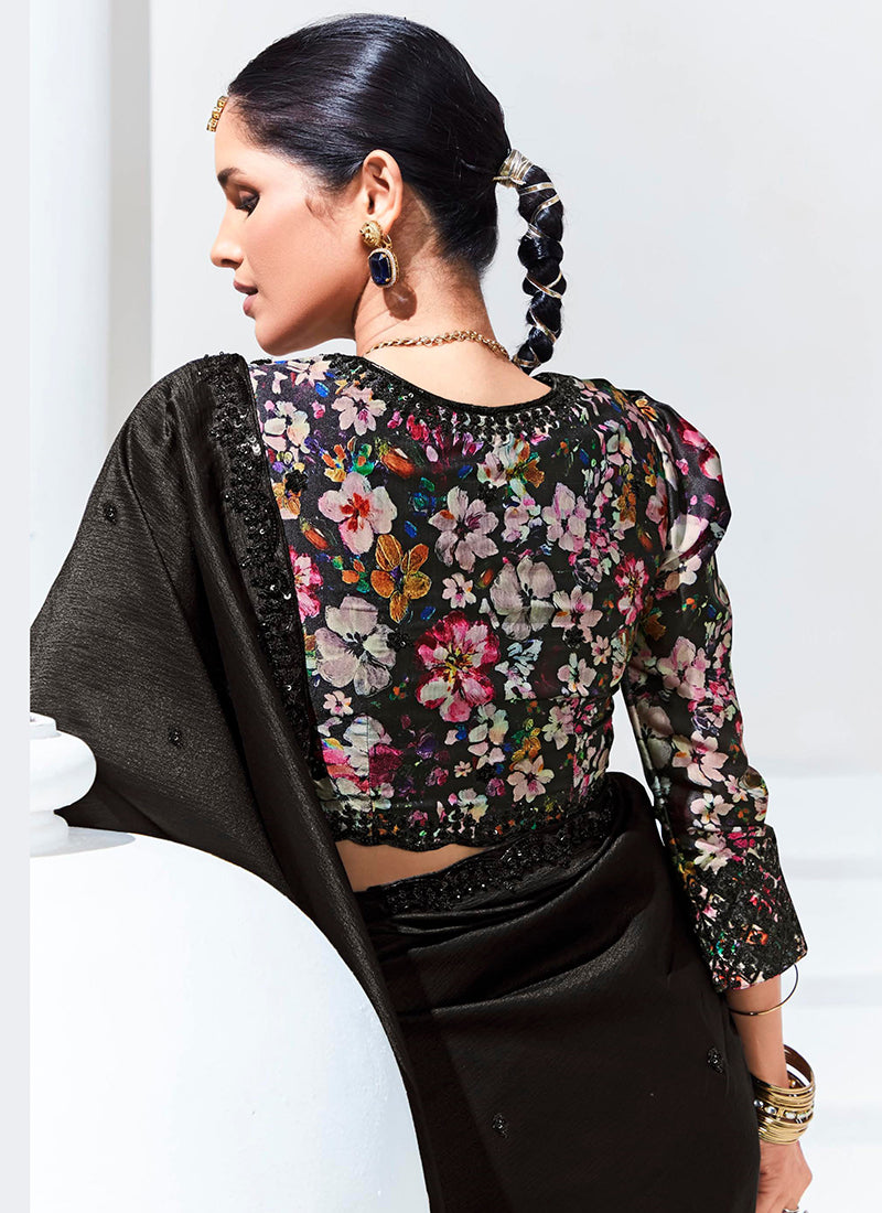 Organza Black Traditional Wear Saree with Embroidery Work