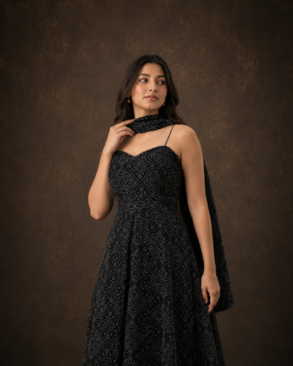 Black Bandhani Print Anarkali Suit