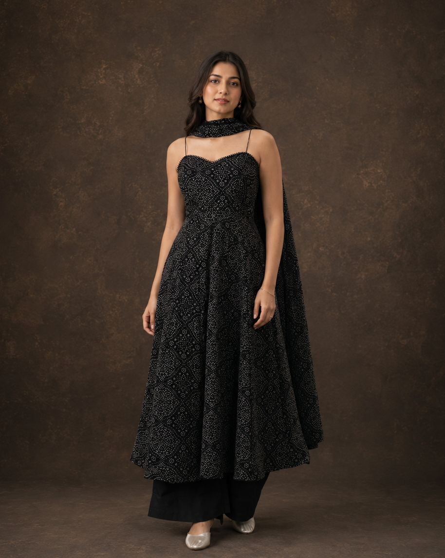 Black Bandhani Print Anarkali Suit